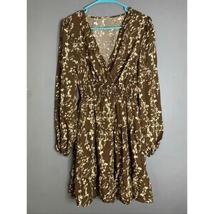 Hapsho Brown Floral Elastic Sleeve Dress Size Medium NWOT